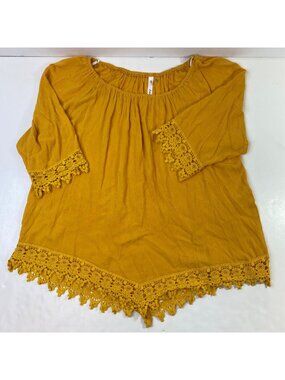 NY Collection Womens Mustard Yellow Boho Tunic Top Crochet Trim Size XL